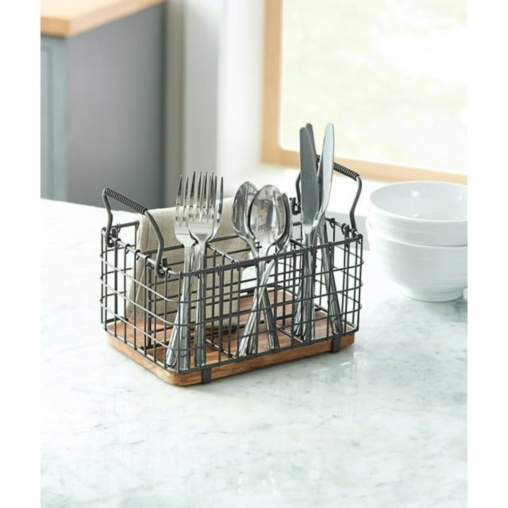 Better Homes & Gardens Wire Utensil Caddy with Wood Base, Pewter Gray